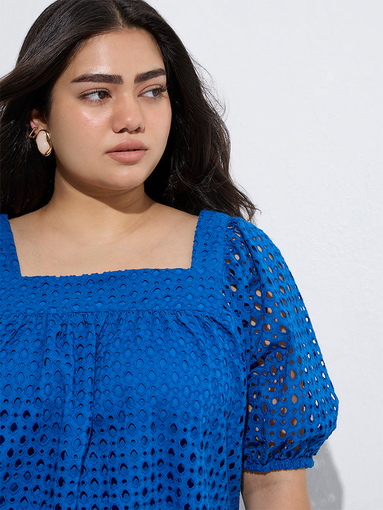Gia Blue Schiffli Embroidered Cotton Top