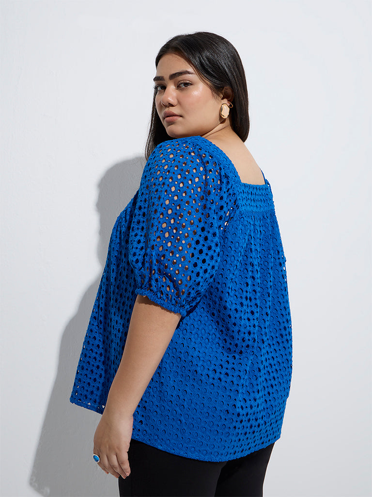 Westside Gia Women's Blue Schiffli Embroidered Cotton Top for Casual Wear Back View