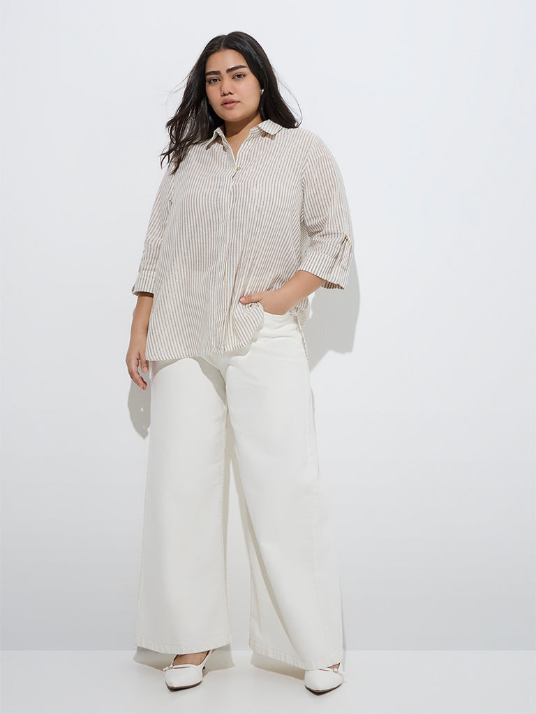 Gia Beige Stripe Printed Cotton Shirt