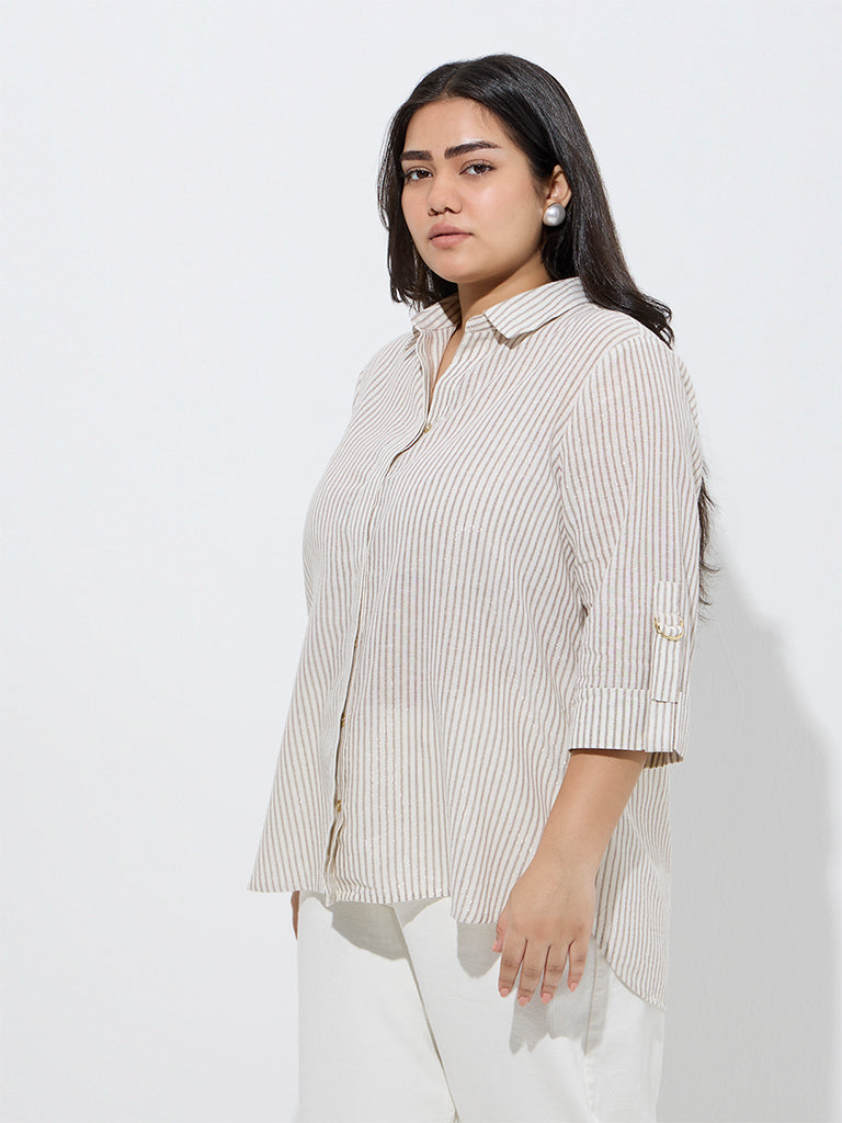 Gia Beige Stripe Printed Cotton Shirt
