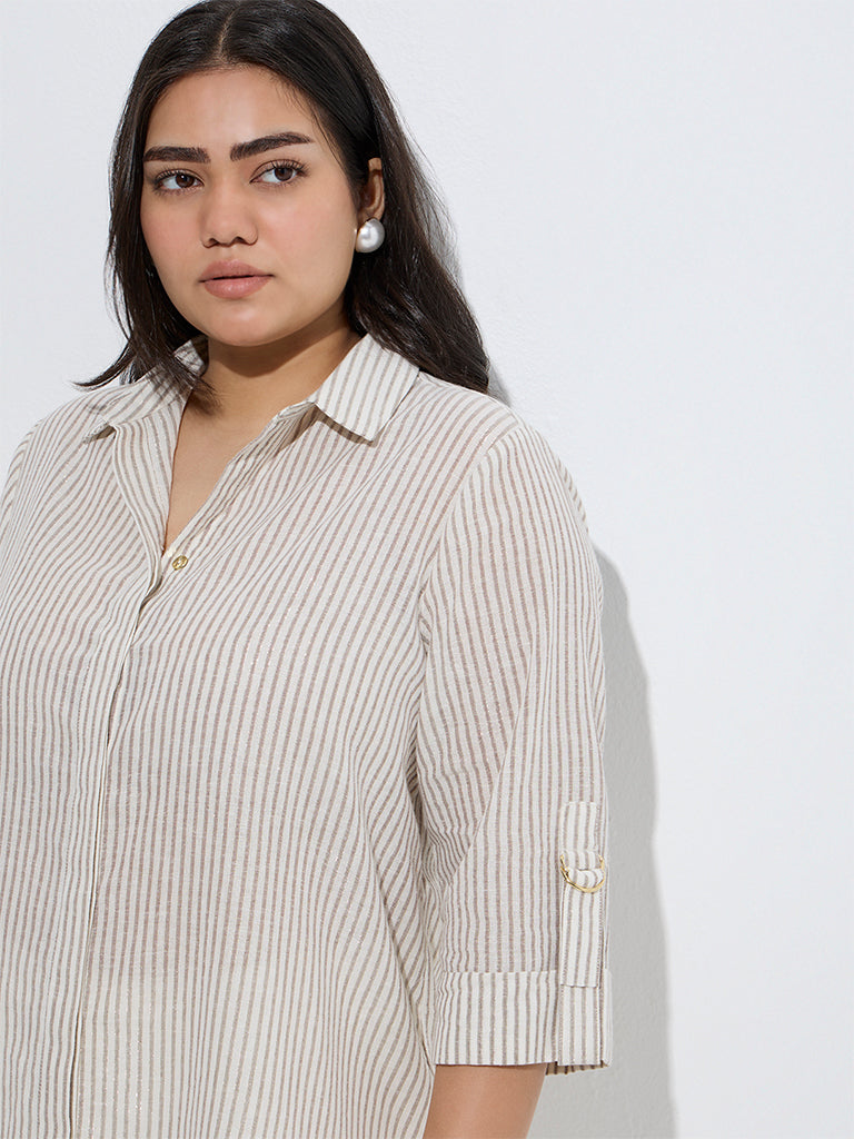 Gia Beige Stripe Printed Cotton Shirt