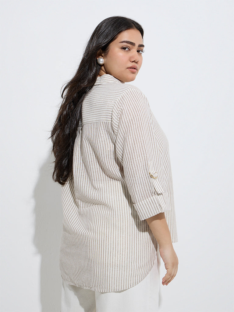 westisde Gia Women's Beige Stripe Printed Cotton Shirt for Casual Wear Back View