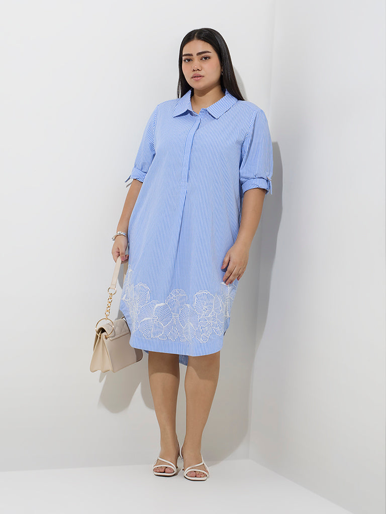 westisde Gia Women's Blue Stripe Printed Cotton A-Line Dress for Casual Wear Full Model View