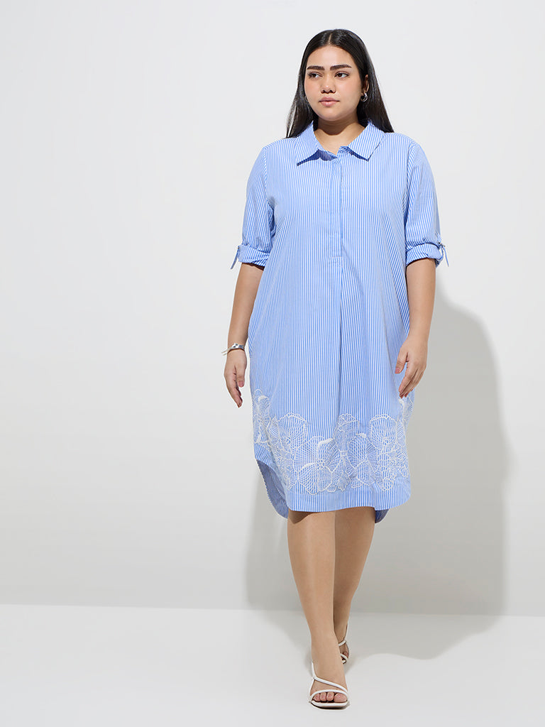 westisde Gia Women's Blue Stripe Printed Cotton A-Line Dress for Casual Wear Front View