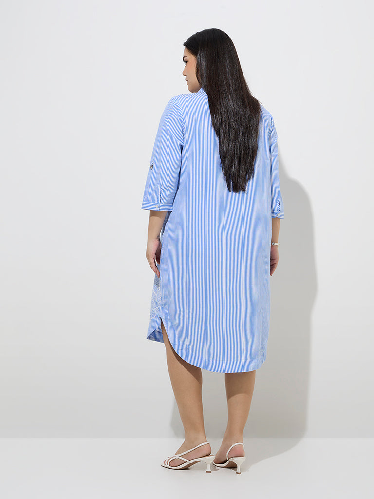 westisde Gia Women's Blue Stripe Printed Cotton A-Line Dress for Casual Wear Back View