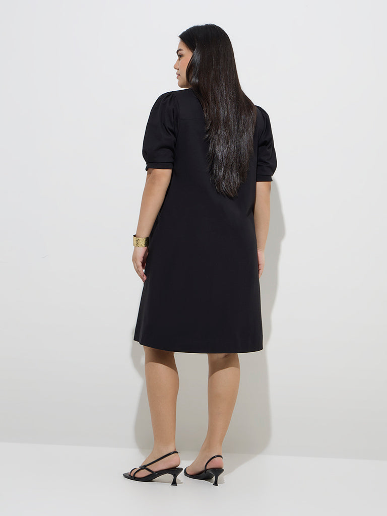 Westside Gia Women's Black Solid Cotton A-Line Dress for Casual Wear Back View
