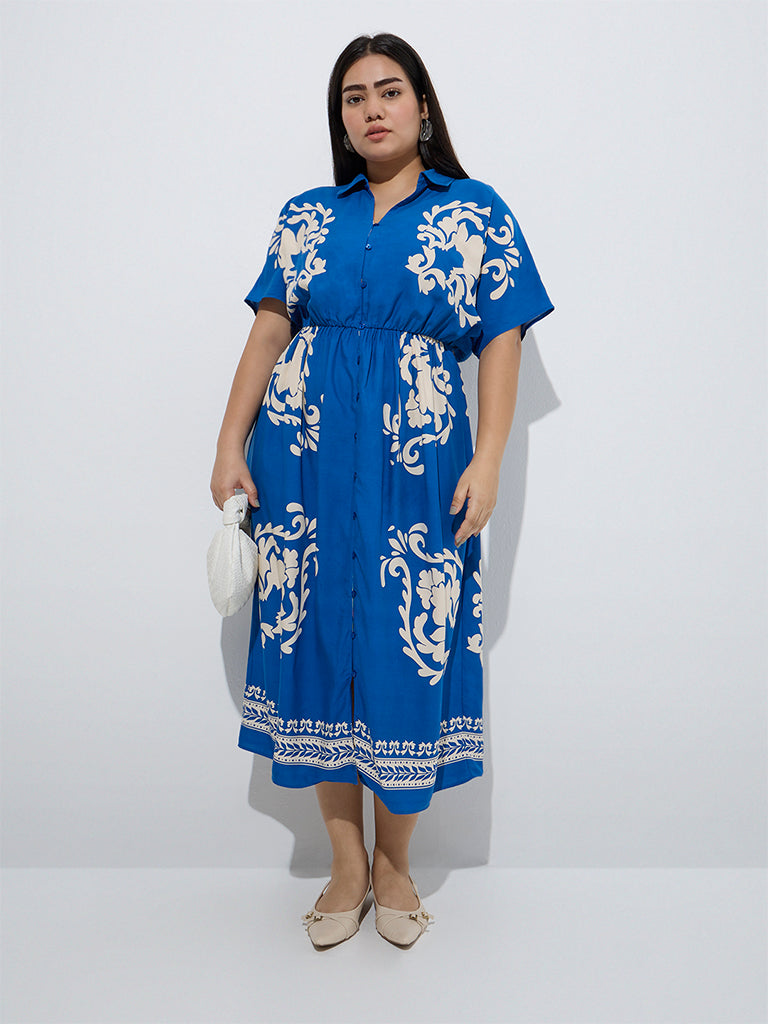 Westside Gia Women's Blue Printed A-Line Dress for Casual Wear Zoom View