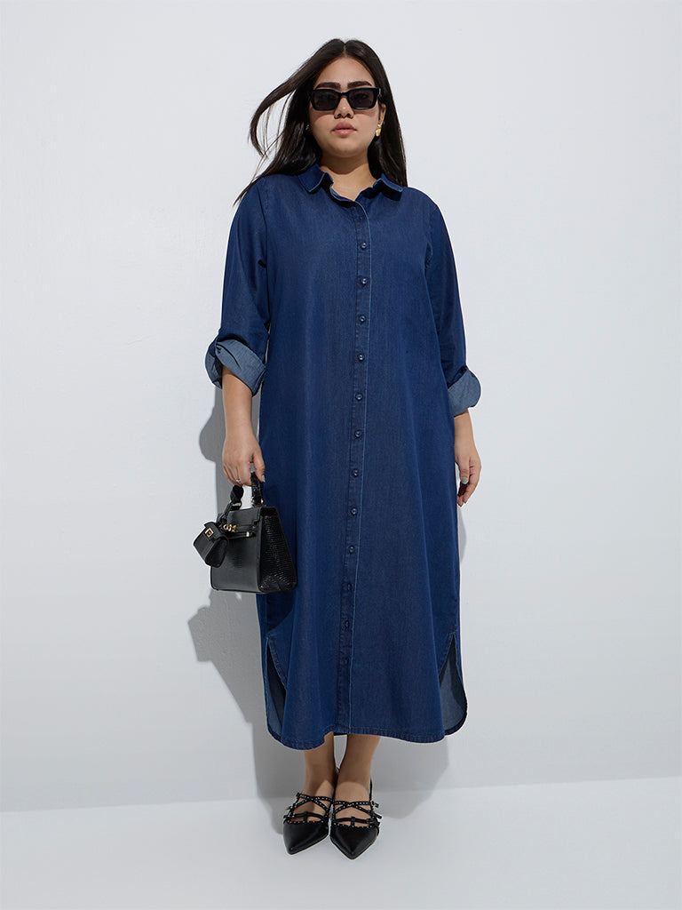 Buy Gia Dark Blue Cotton Denim Shirt Dress from Westside