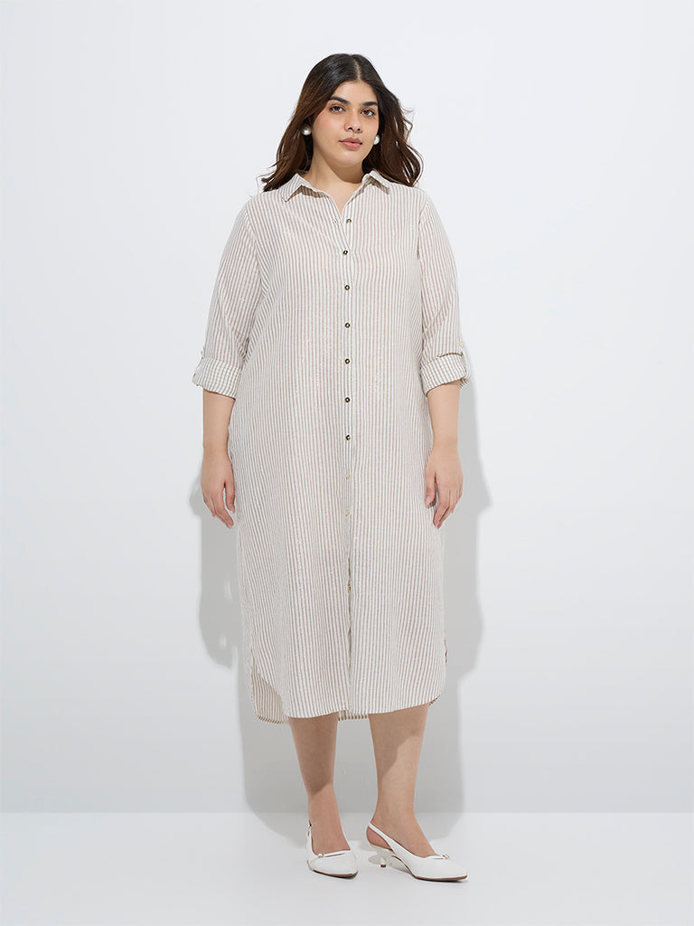 Gia Beige Stripe Printed Cotton Shirt Dress