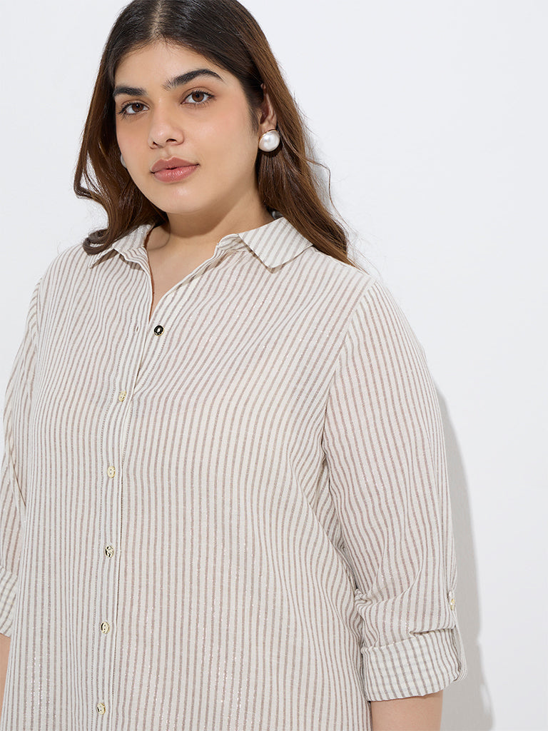 Gia Beige Stripe Printed Cotton Shirt Dress