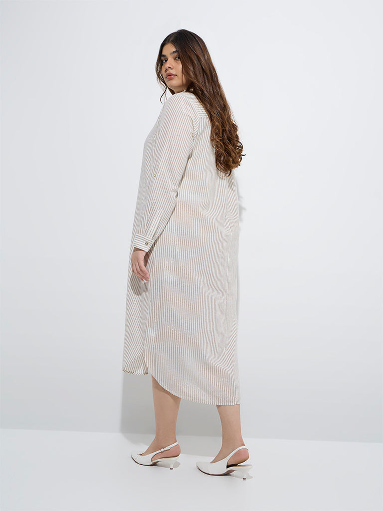 Gia Beige Stripe Printed Cotton Shirt Dress