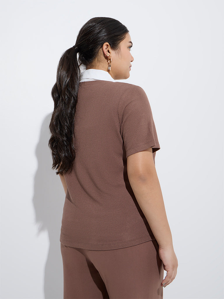 westisde Gia Women's Brown Ribbed-Textured T-Shirt for Casual Wear Back View