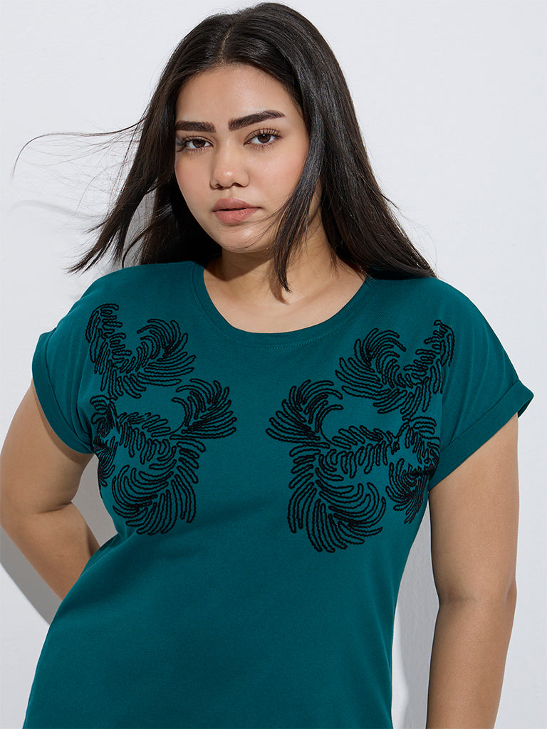 Gia Teal Leaf Design Cotton T-Shirt