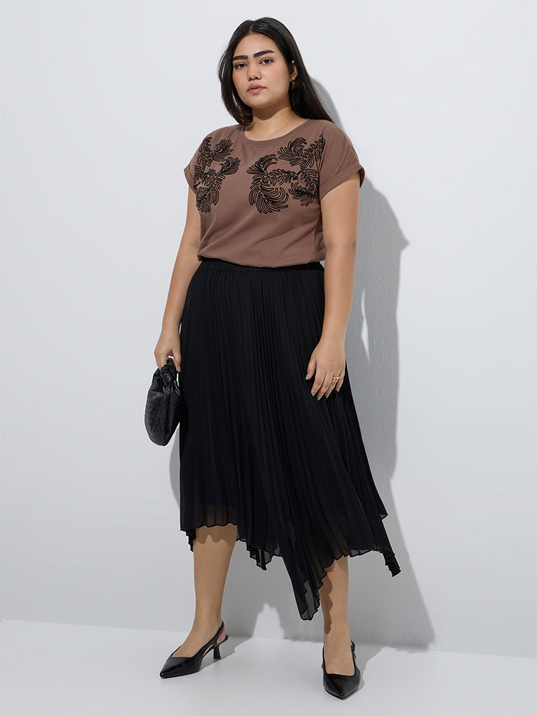 Gia Brown Leaf Design Cotton T-Shirt