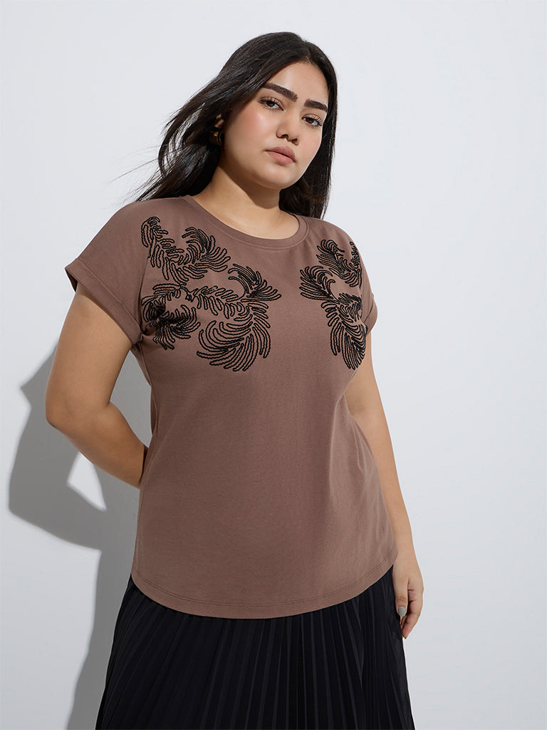 Gia Brown Leaf Design Cotton T-Shirt