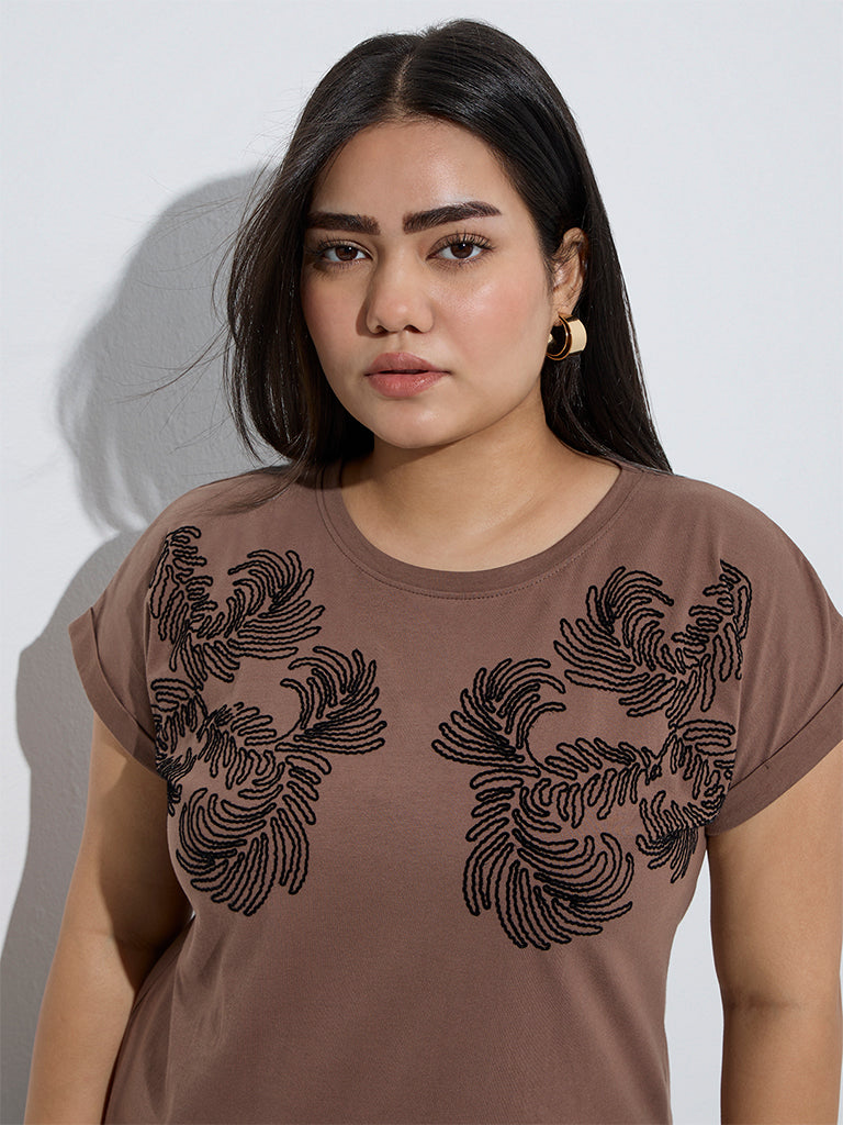 Gia Brown Leaf Design Cotton T-Shirt