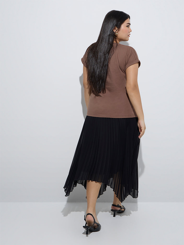 westisde Gia Women's Brown Leaf Design Cotton T-Shirt for Casual Wear Back View