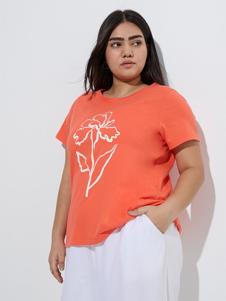 westisde Gia Women's Coral Floral Printed Cotton T-Shirt for Casual Wear Front View