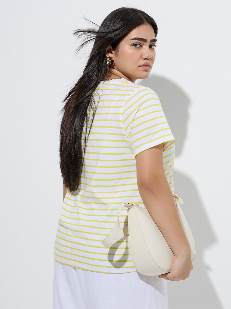 westisde Gia Women's Lime Stripe Printed Cotton T-Shirt for Casual Wear Back View