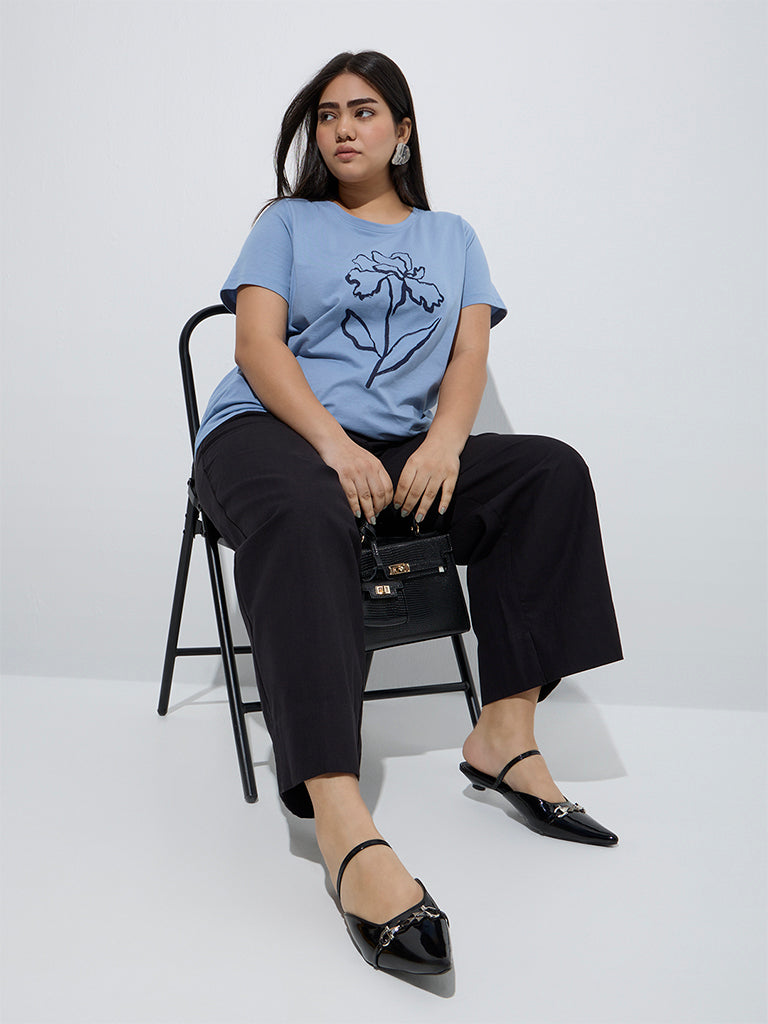 Gia Light Blue Floral Printed Cotton T-Shirt