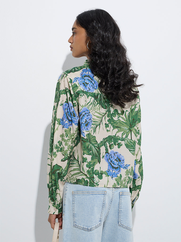 westisde LOV Women's Green Botanical Printed Shirt for Casual Wear Back View