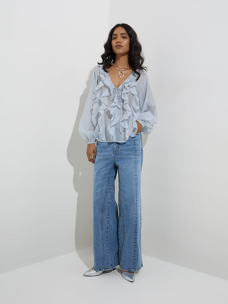 LOV Light Blue Ruffle Detailed Cotton-Blend Top