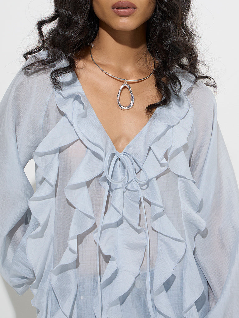 LOV Light Blue Ruffle Detailed Cotton-Blend Top