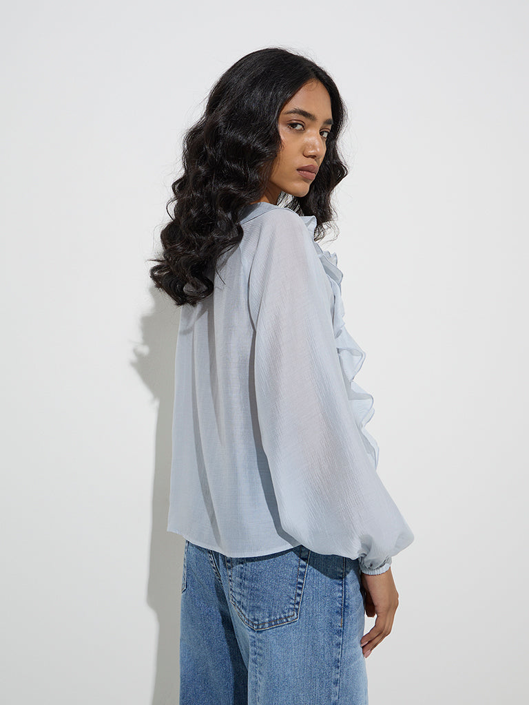 westisde LOV Women's Light Blue Ruffle Detailed Cotton-Blend Top for Casual Wear Back View