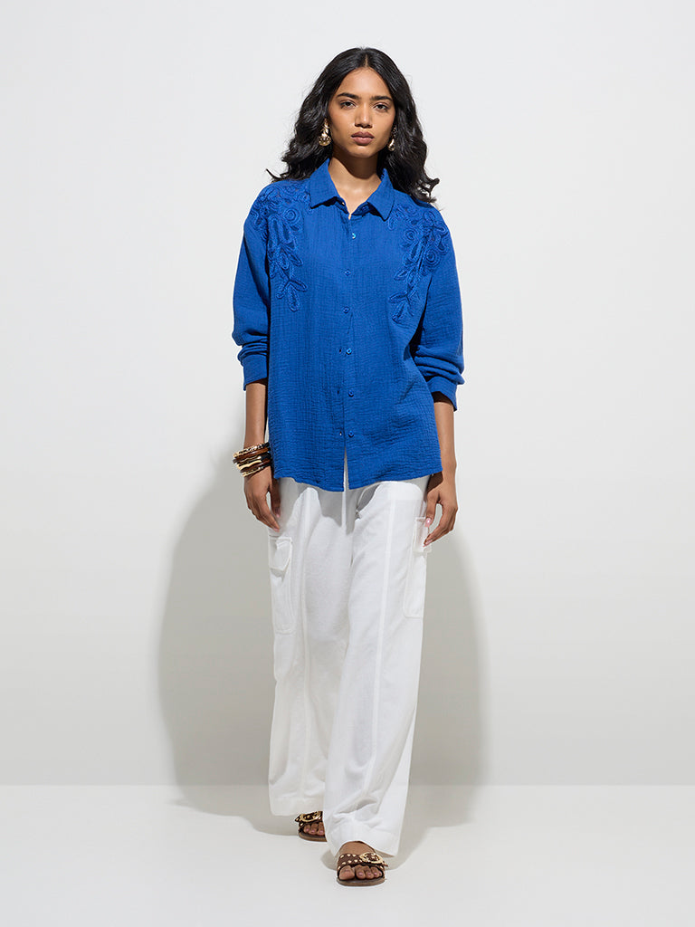 LOV Blue Embroidered Cotton Shirt