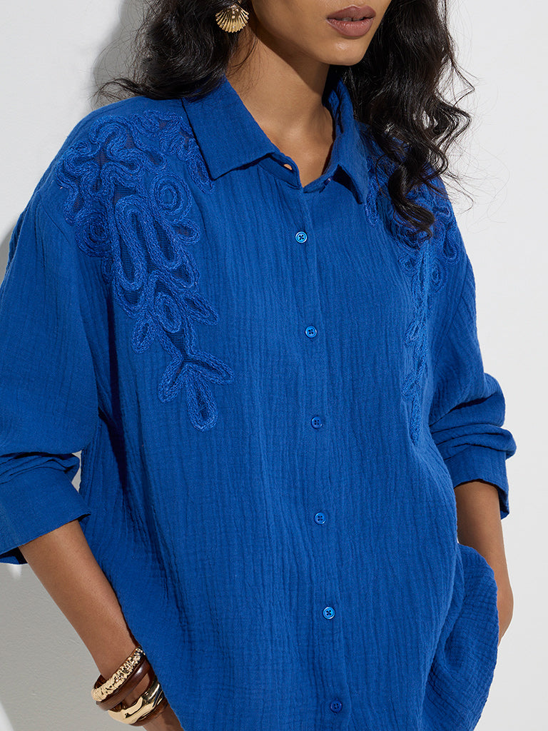 LOV Blue Embroidered Cotton Shirt
