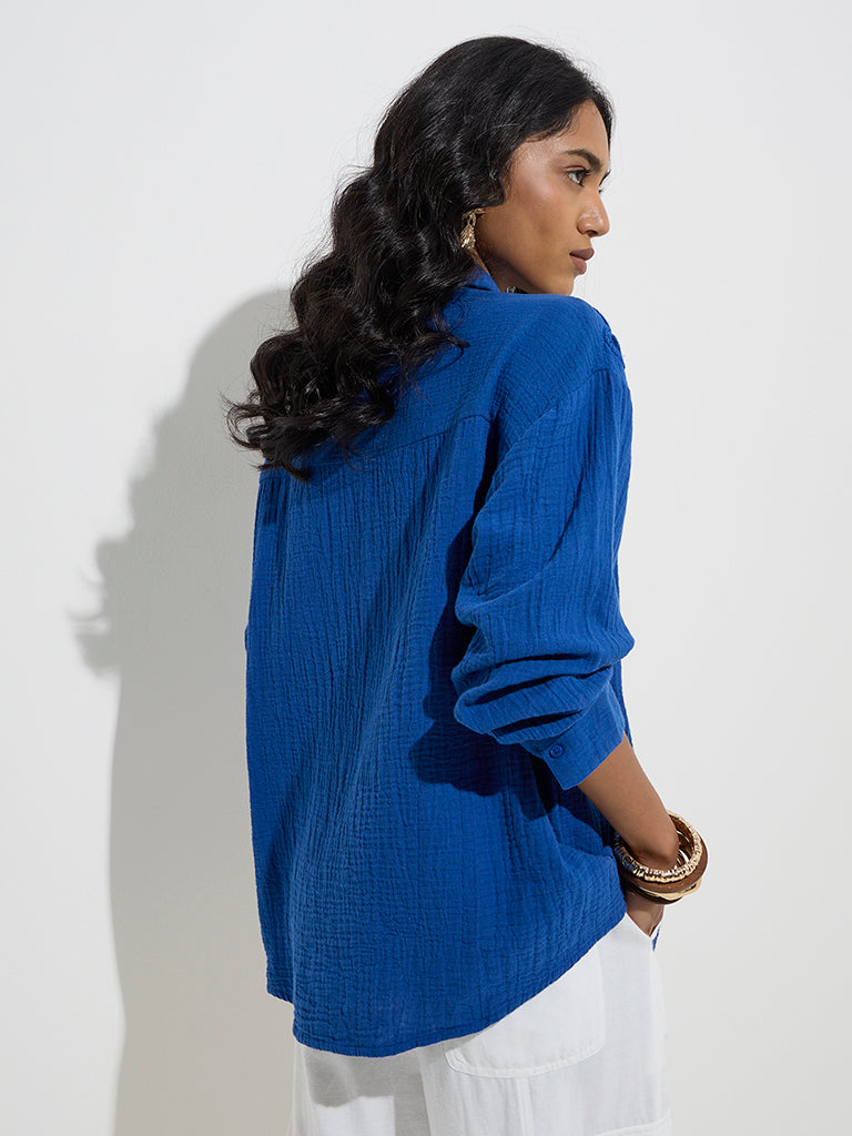 westisde LOV Women's Blue Embroidered Cotton Shirt for Casual Wear Back View