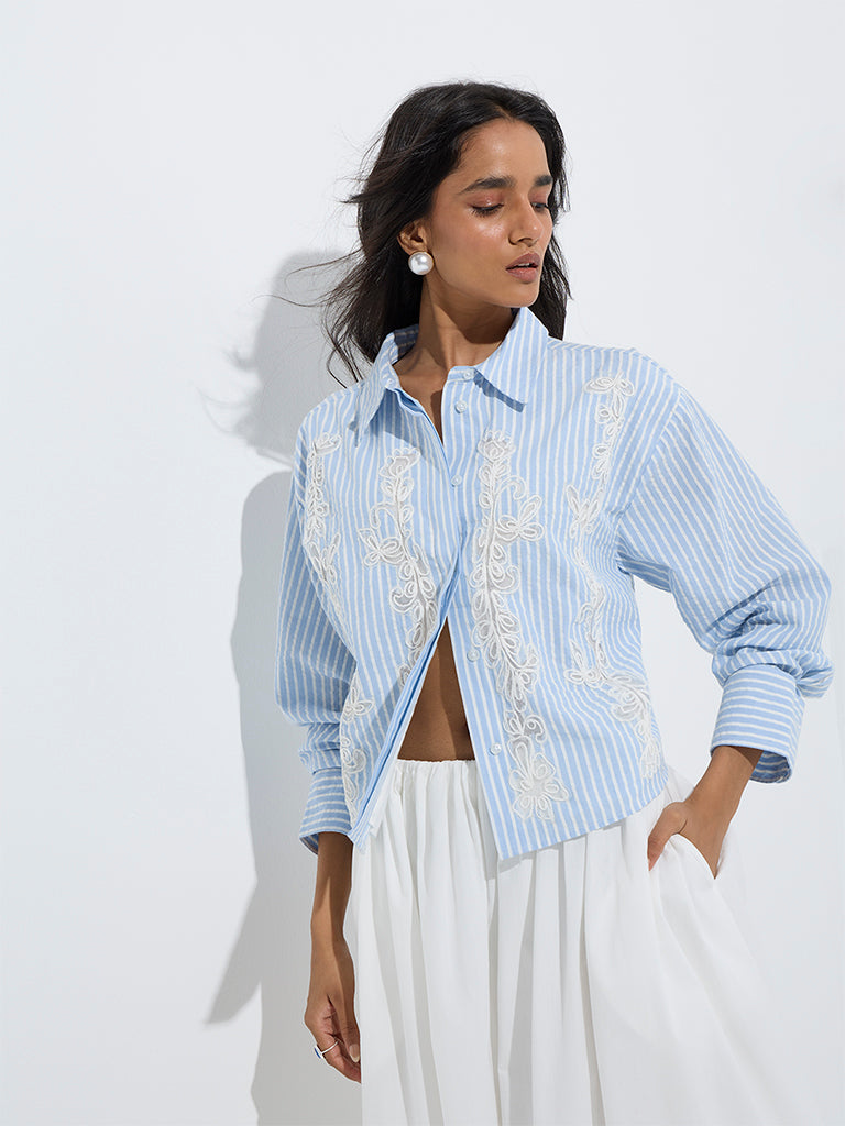 Blue Laced Cropped Shirt