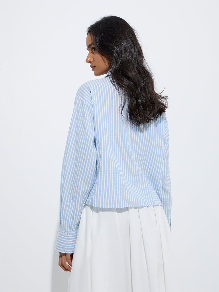 westisde LOV Women's Blue Striped Floral Laced Cotton Shirt for Casual Wear Back View