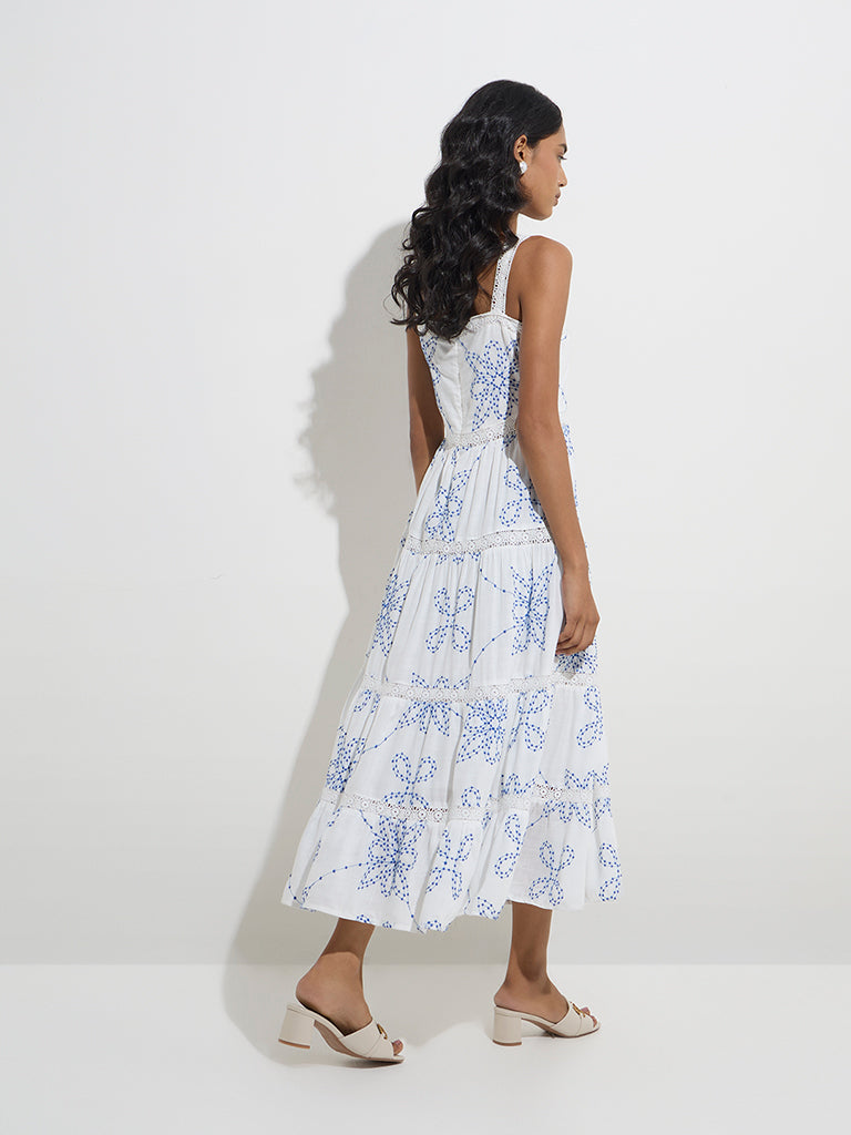 westisde LOV Women's White Embroidered Tiered Dress for Casual Wear Back View