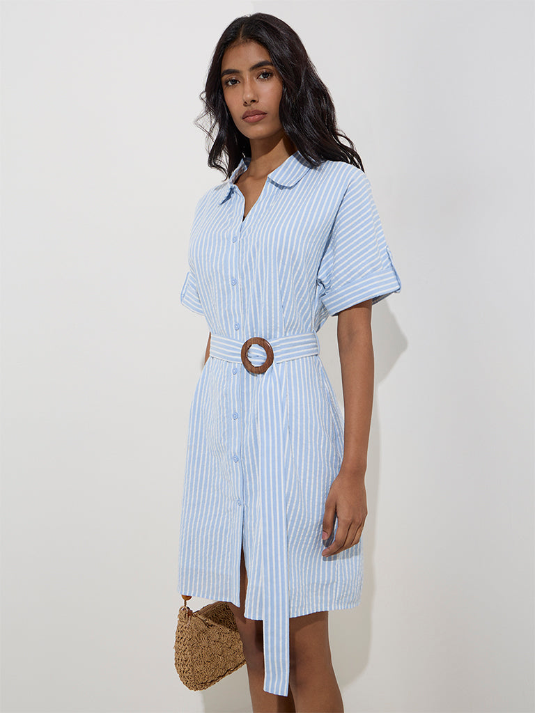 LOV Blue Stripe Printed Shirt Dress with Belt