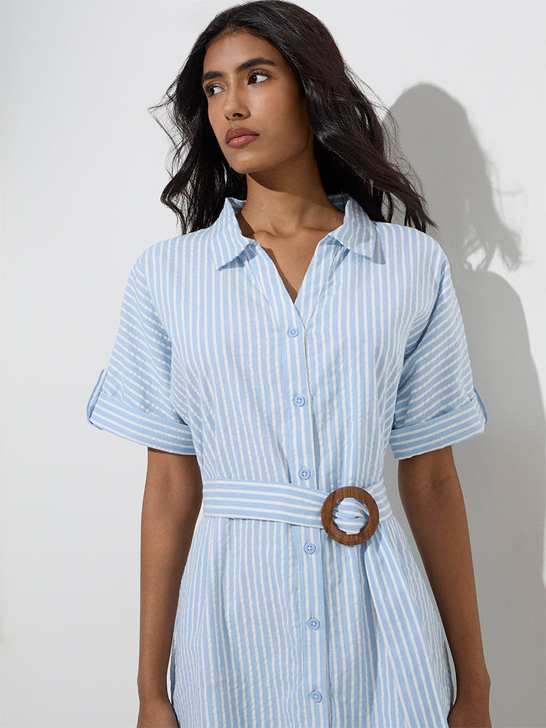 LOV Blue Stripe Printed Shirt Dress with Belt