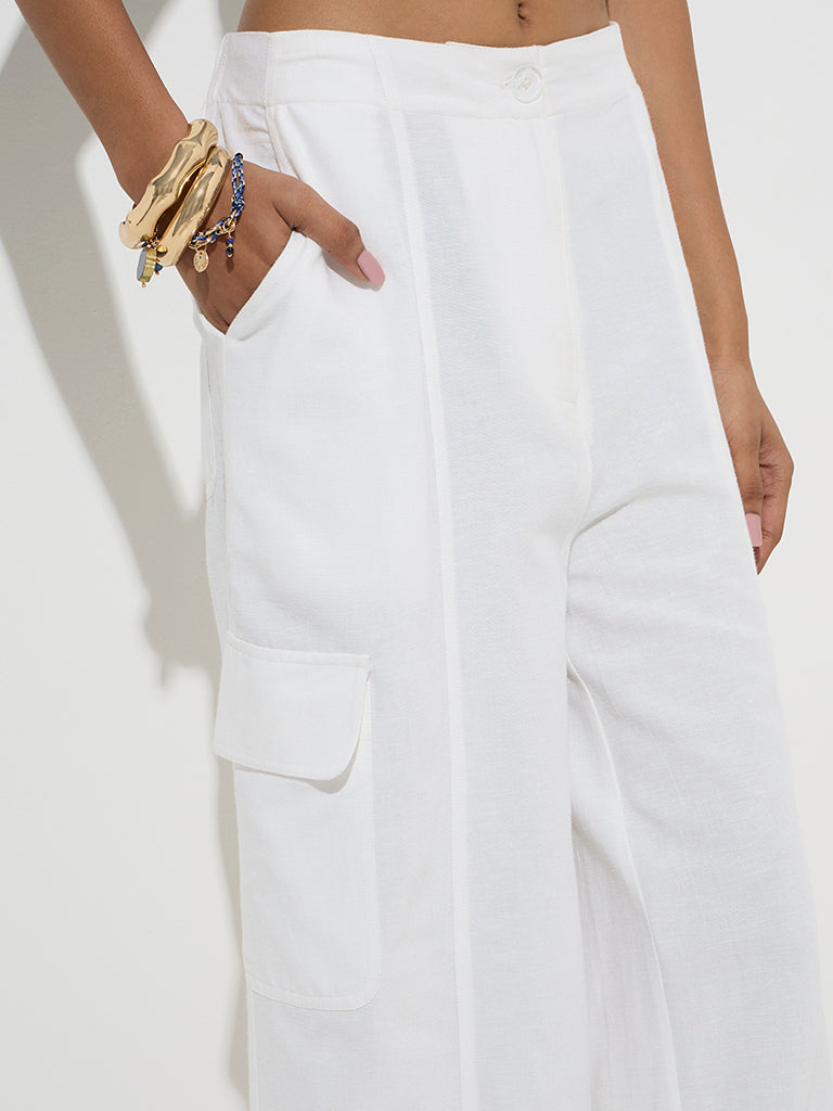 LOV White Solid High-Rise Linen-Blend Trousers