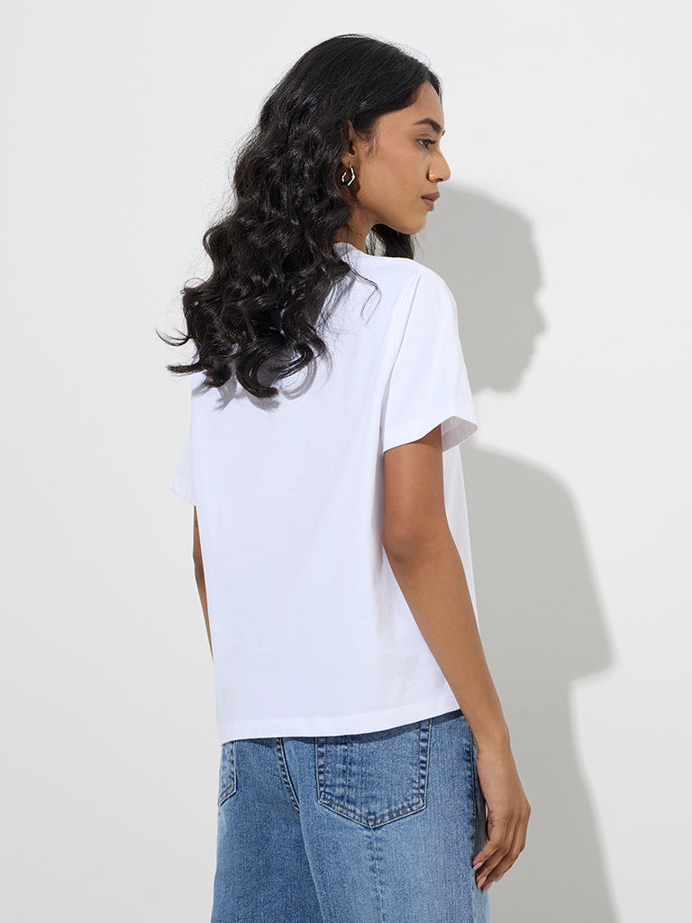 westisde LOV Women's White Text Printed Cotton T-Shirt for Casual Wear Back View