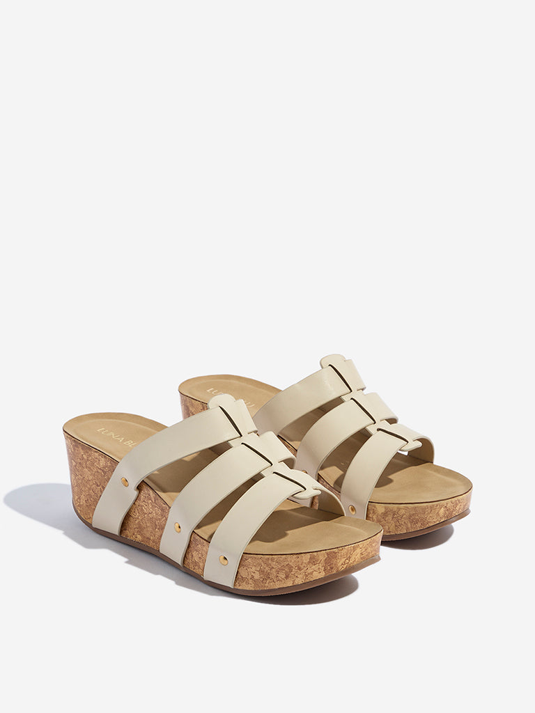 Westside LUNA BLU Women's Ivory Multi-Strap Wedge Sandals Front View