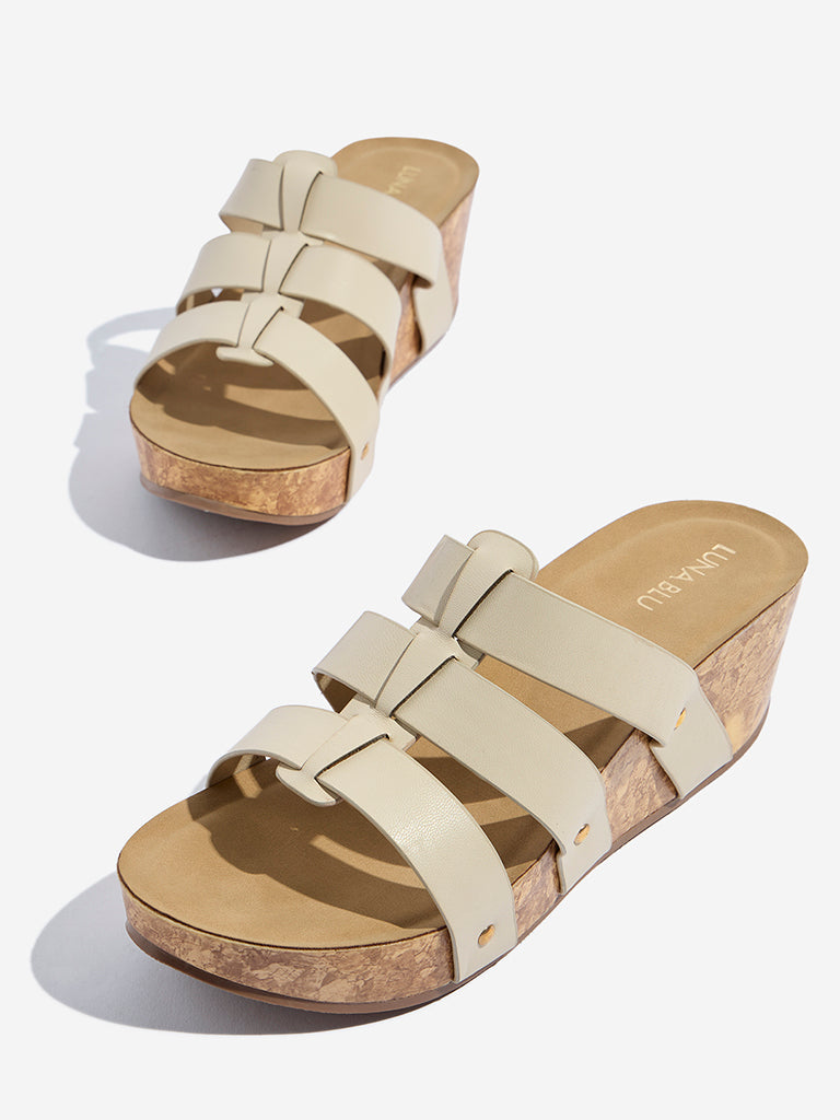 Westside LUNA BLU Women's Ivory Multi-Strap Wedge Sandals Zoomed View
