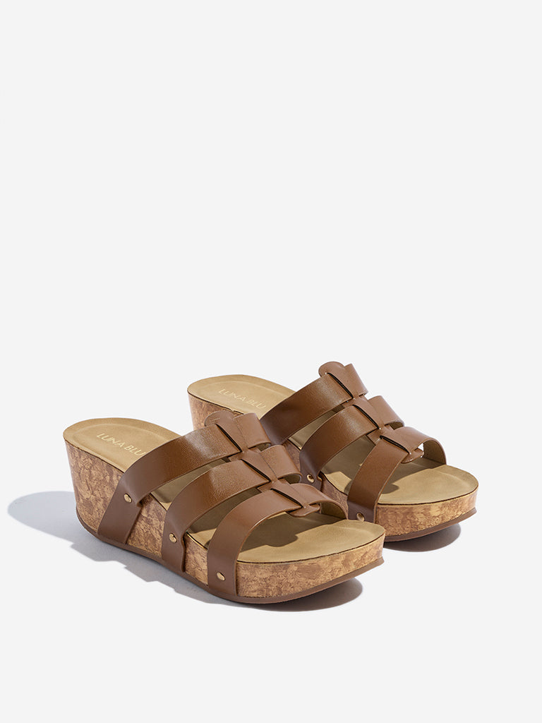 Westside LUNA BLU Women's Tan Multi-Strap Wedge Sandals Front View