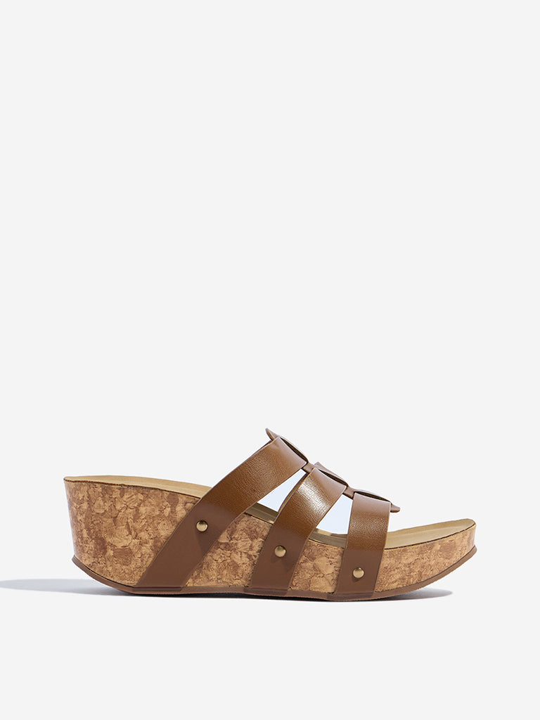 Westside LUNA BLU Women's Tan Multi-Strap Wedge Sandals Side View