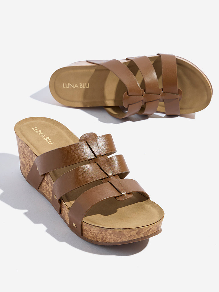 Westside LUNA BLU Women's Tan Multi-Strap Wedge Sandals Zoomed View