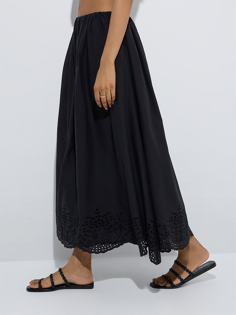 LOV Black Schiffli Detailed High-Rise Cotton Skirt