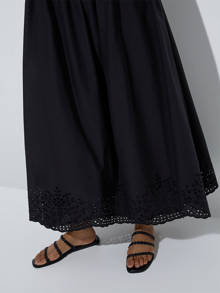LOV Black Schiffli Detailed High-Rise Cotton Skirt