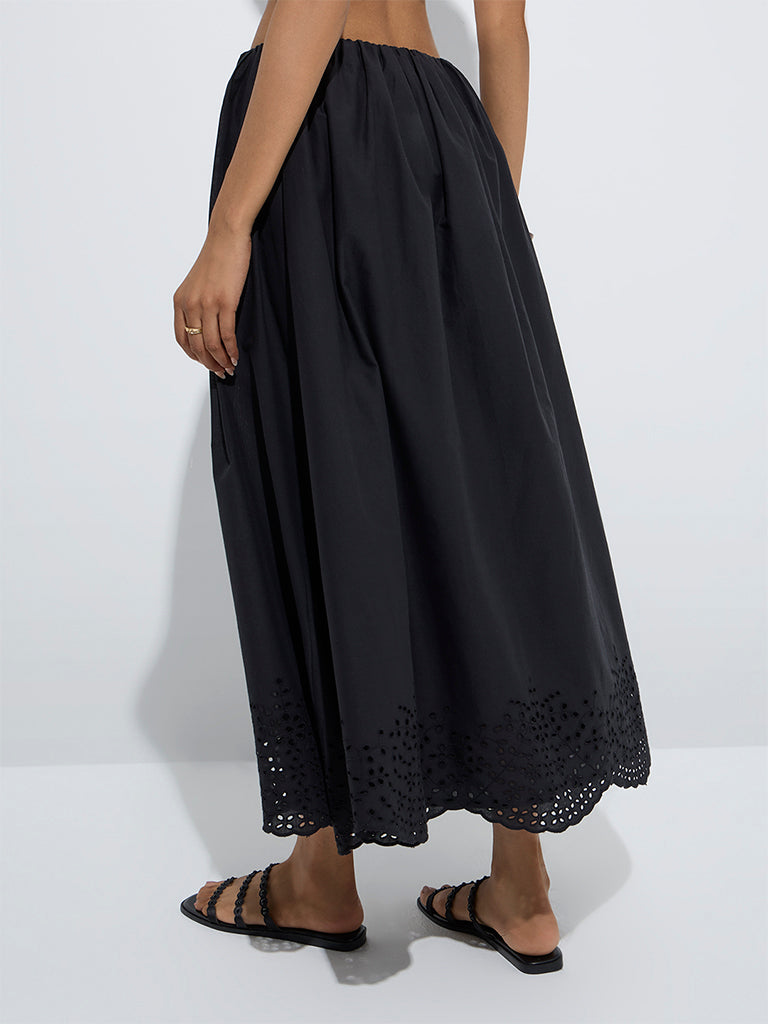 westisde LOV Women's Black Schiffli Detailed High-Rise Cotton Skirt for Casual Wear Back View