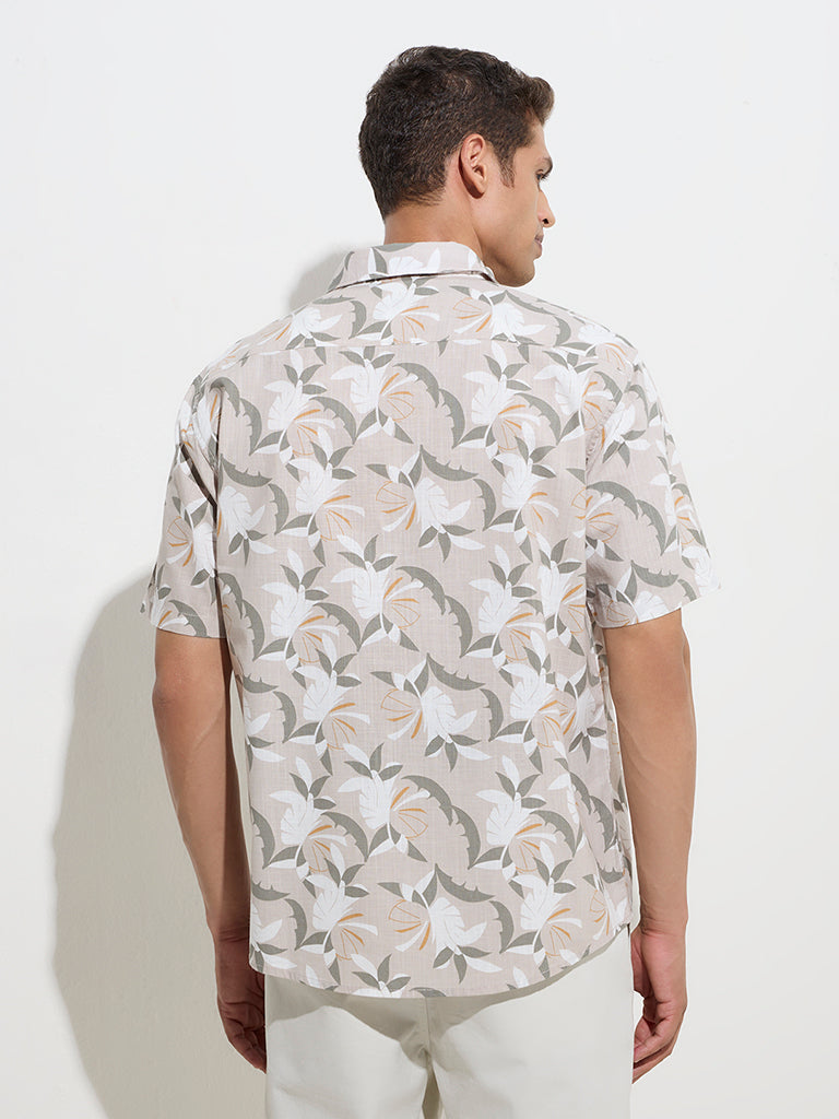 westisde WES Casuals Men's Beige Floral Print Relaxed-Fit Cotton Shirt for Casual Wear Back View