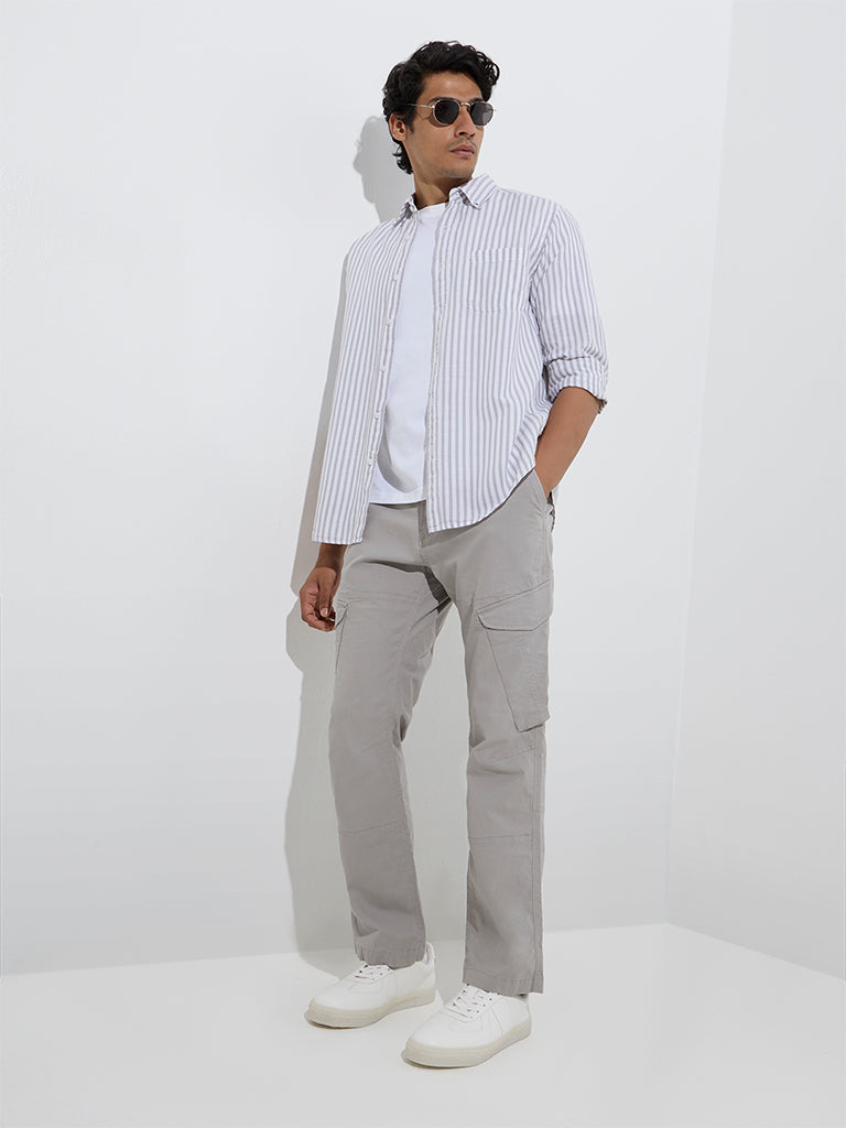 Westside WES Casuals Men's Grey Striped Relaxed-Fit Cotton-Blend Shirt for Casual Wear Full Model View
