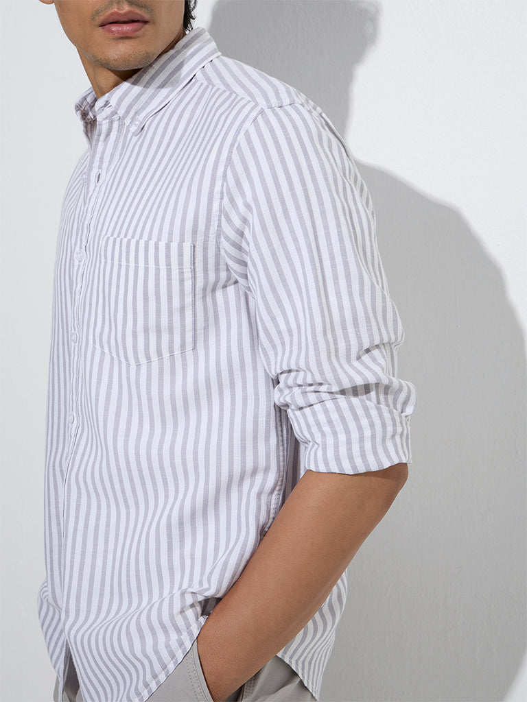 Westside WES Casuals Men's Grey Striped Relaxed-Fit Cotton-Blend Shirt for Casual Wear Zoom View