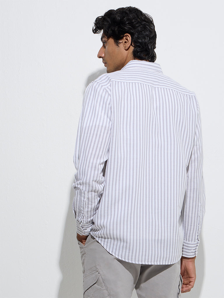 Westside WES Casuals Men's Grey Striped Relaxed-Fit Cotton-Blend Shirt for Casual Wear Back View